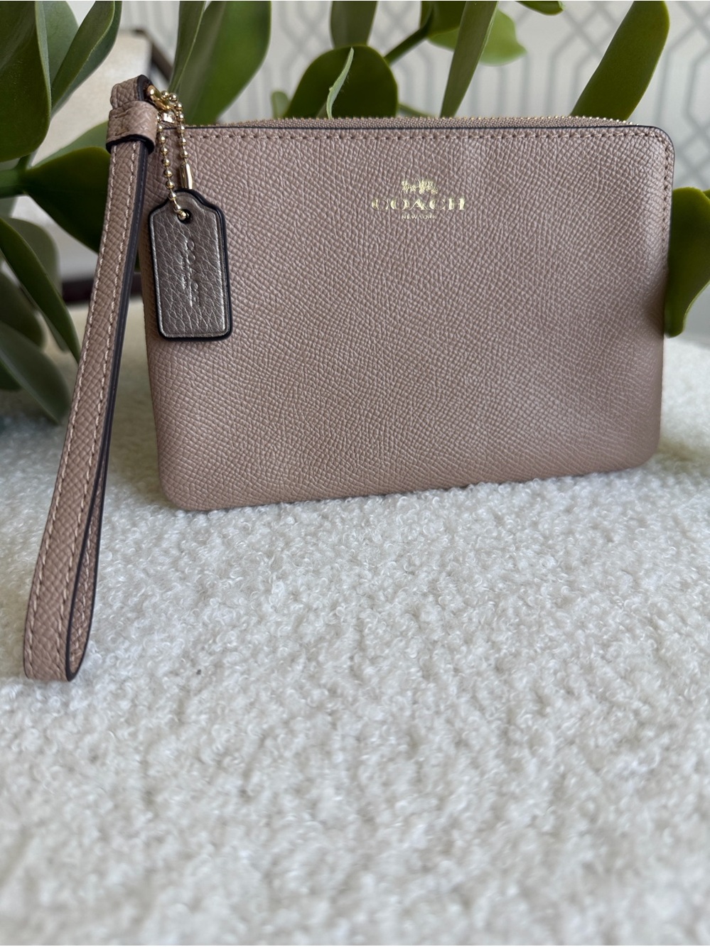 Coach Pebble Leather Wristlet Pouch Taupe Nude Zip Clutch Wallet like new